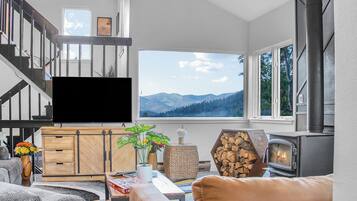 Smart TV, fireplace, foosball