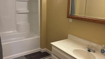 Hair dryer, towels, soap, shampoo