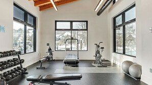 A gym with exercise equipment, large windows, and a wooden ceiling. - Bright, spacious, amazing view at a prime location (The Blue Mountains)