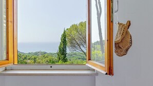 Ein Fenster mit Blick auf eine Küstenlandschaft, einschließlich Bäume und Meer.