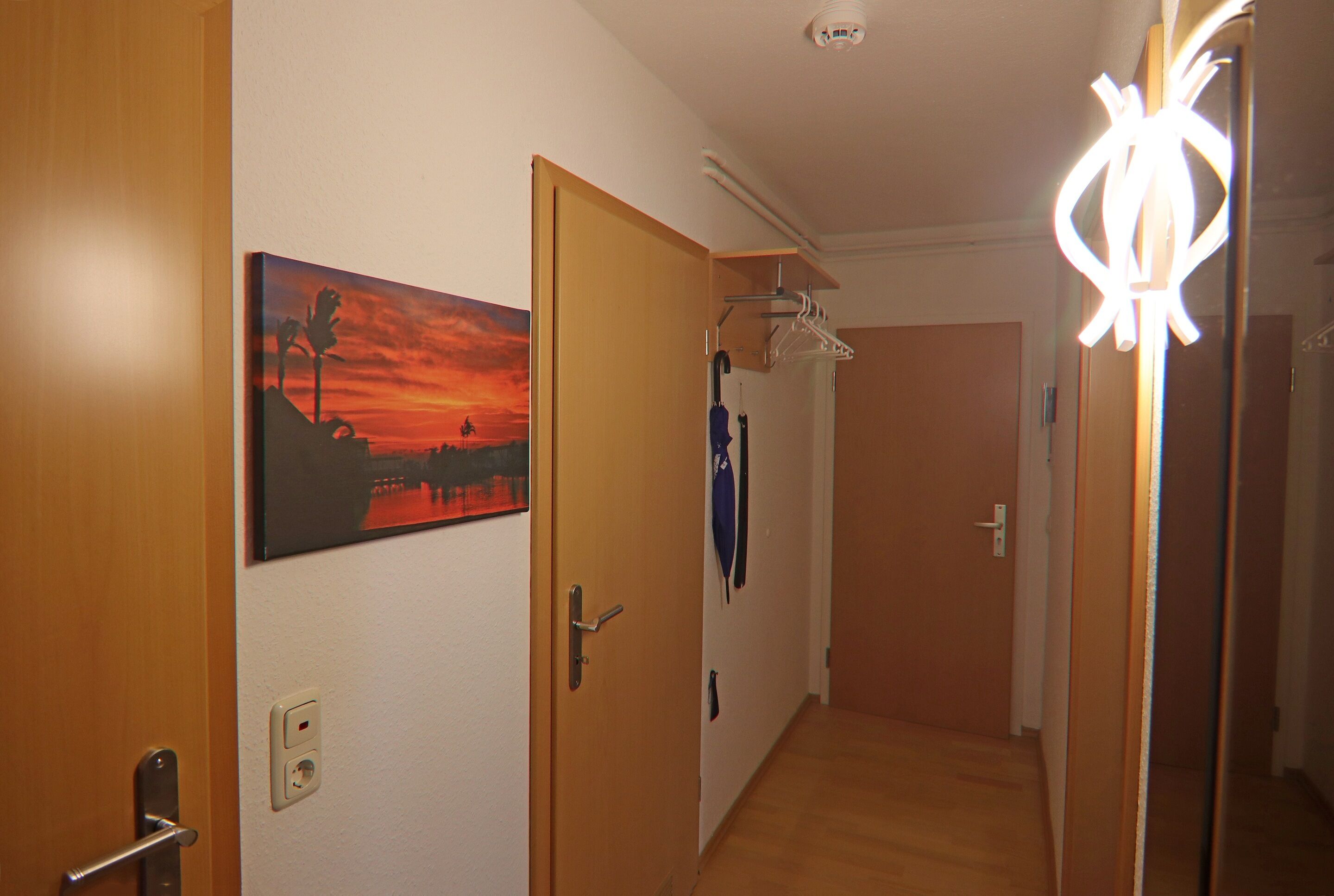 A hallway with wooden doors, a painting of a sunset, and a ceiling light fixture.