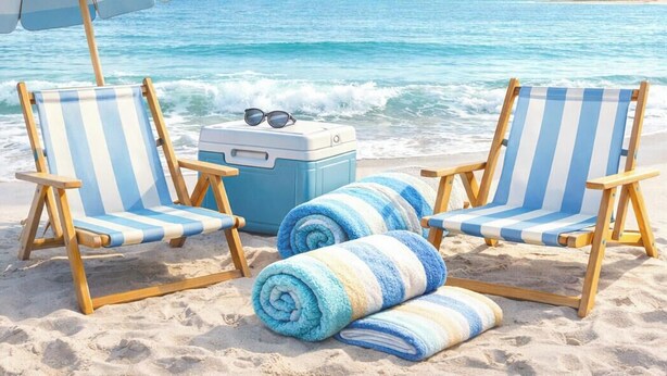 Two striped beach chairs, a cooler, and rolled towels on a sandy beach with the ocean in the background. - Ocean-View 1BR Retreat w/ Large Private Terrace - Walk to Beach & Dining (Solana Beach)
