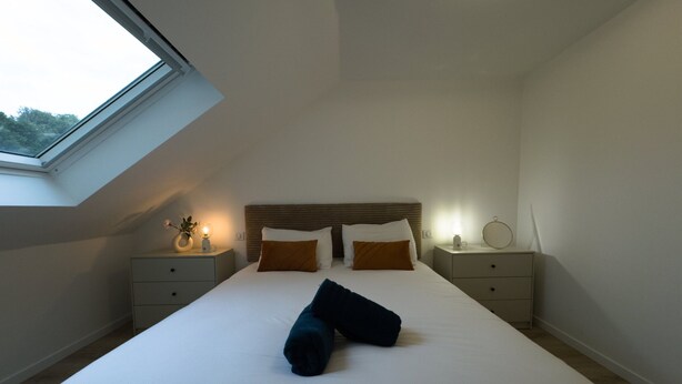 A bedroom with a large bed, two bedside tables, a nightstand, a window, and a skylight. - Modern Comfort in the Heart of Le Mans (Le Mans)