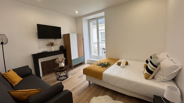 Une chambre à coucher moderne avec un lit, un canapé, une télévision et une fenêtre.