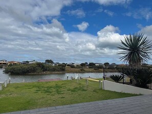 A waterfront view with a grassy area, a metal fence, and a large yucca plant. - Waterfront house private jetty kayaks provided (Hindmarsh Island)