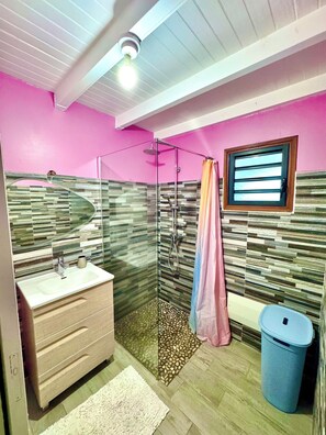 Hair dryer, towels, soap, toilet paper