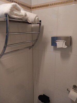 Chuveiro, secador de cabelo, toalhas de banho 