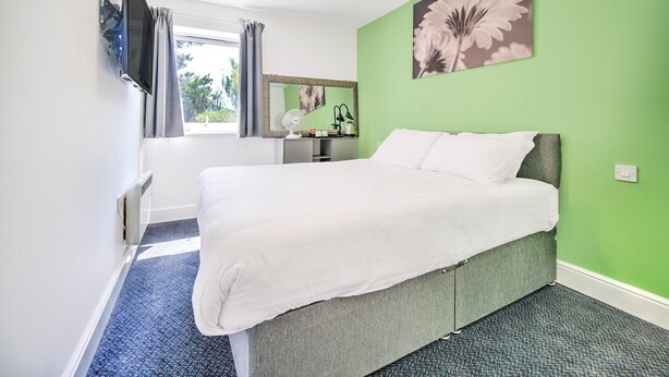 A bedroom with a bed, a TV mounted on the wall, a window with curtains, a mirror, and a green wall. - GO2 Gloucester Hotel by OYO | Standard Double (Gloucester)