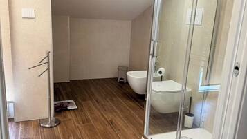 Shower, hair dryer, bidet, towels