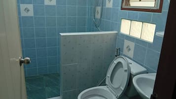 Habitación doble | Baño | Ducha, toallas, jabón y papel higiénico