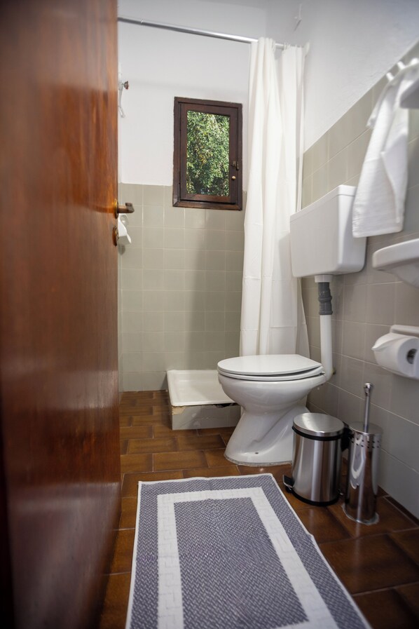 A bathroom with a toilet, a shower curtain, a window, a trash bin, and a towel rack. - Afissos Blu Hotel (South Pelion)