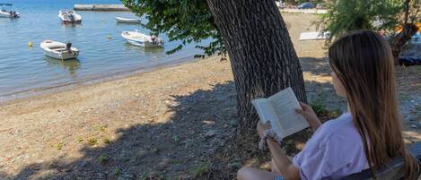 A person sitting on a bench by a lake with boats in the water.