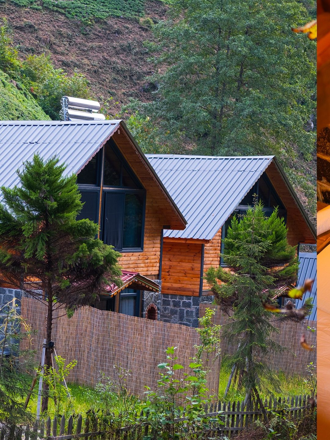 A cabin with a sloped roof, wooden exterior walls, and a stone foundation.