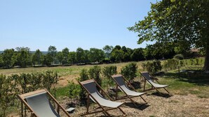 Drei Holz-Loungesessel mit Stoffbezügen in einer grünen Außenanlage mit Bäumen und Blick auf die Landschaft.