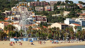 A beach with a Ferris wheel, palm trees, and buildings in the background.