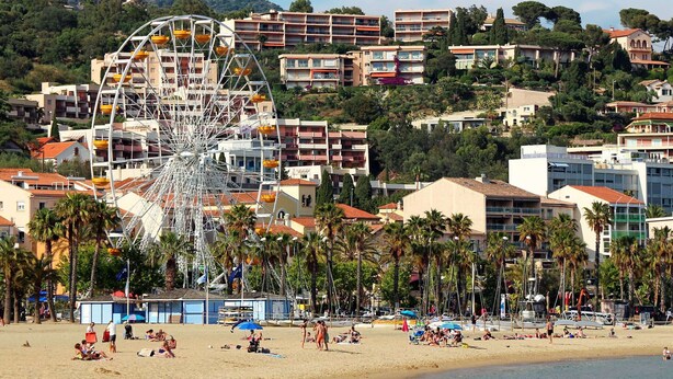 A beach with a Ferris wheel, palm trees, and buildings in the background.