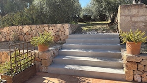 A stone staircase leading up to a stone wall, with potted plants on either side.