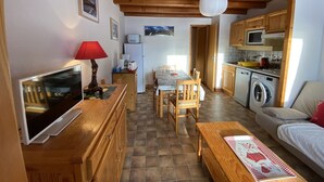 Ett mysigt vardagsrum med TV, trämöbler, ett matbord och en soffa. Det finns också ett köksområde med tvättmaskin och skåp.