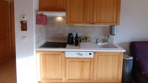 A compact kitchen with wooden cabinets, a Bosch dishwasher, a coffee maker, and a sink. - Charming 3-room south with balcony near cable cars, 6 ppl (Le Grand-Bornand)