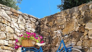 A blue bicycle with a basket of flowers parked against a stone wall. - Like Once Upon a Time - The Trullo (with Jacuzzi for exclusive use) 2 km from Alberobello (Martina Franca)
