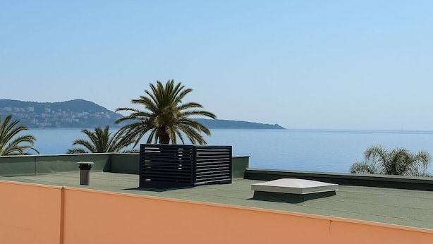 A rooftop terrace with a view of the sea, palm trees, and a distant mountain range.