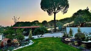 Un jardin bien entretenu, agrémenté d’un grand arbre, d’un belvédère et de diverses plantes.