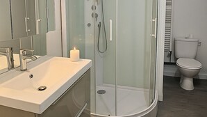 A modern bathroom with a glass-enclosed shower, a vanity with a mirror, and a toilet. - Cosy nest in SAINT VALERY EN CAUX near the sea. (Saint-Valery-en-Caux)