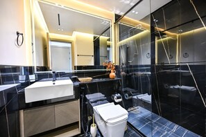 Shower, hair dryer, bidet, towels