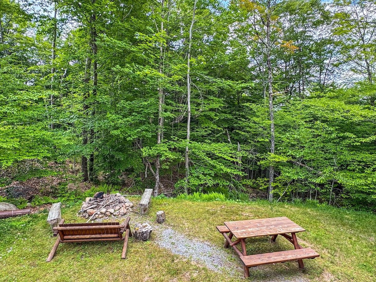 A forested area with a wooden bench, picnic table, and a fire pit.