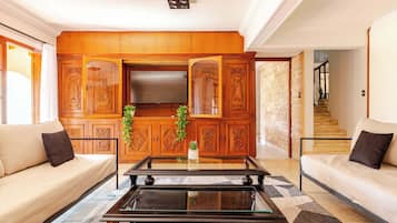 Televisie, een open haard en een kantoor