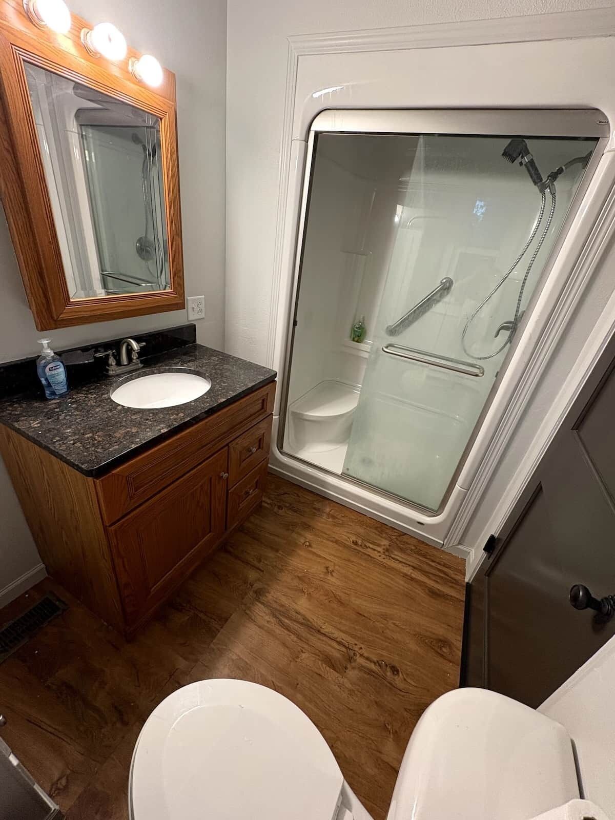 Shower, jetted bath, soap, shampoo