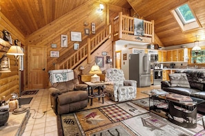 Télévision, cheminée, lecteur de DVD, livres