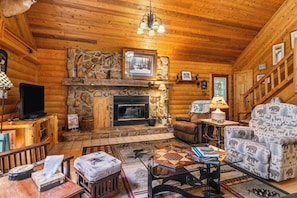 Télévision, cheminée, lecteur de DVD, livres