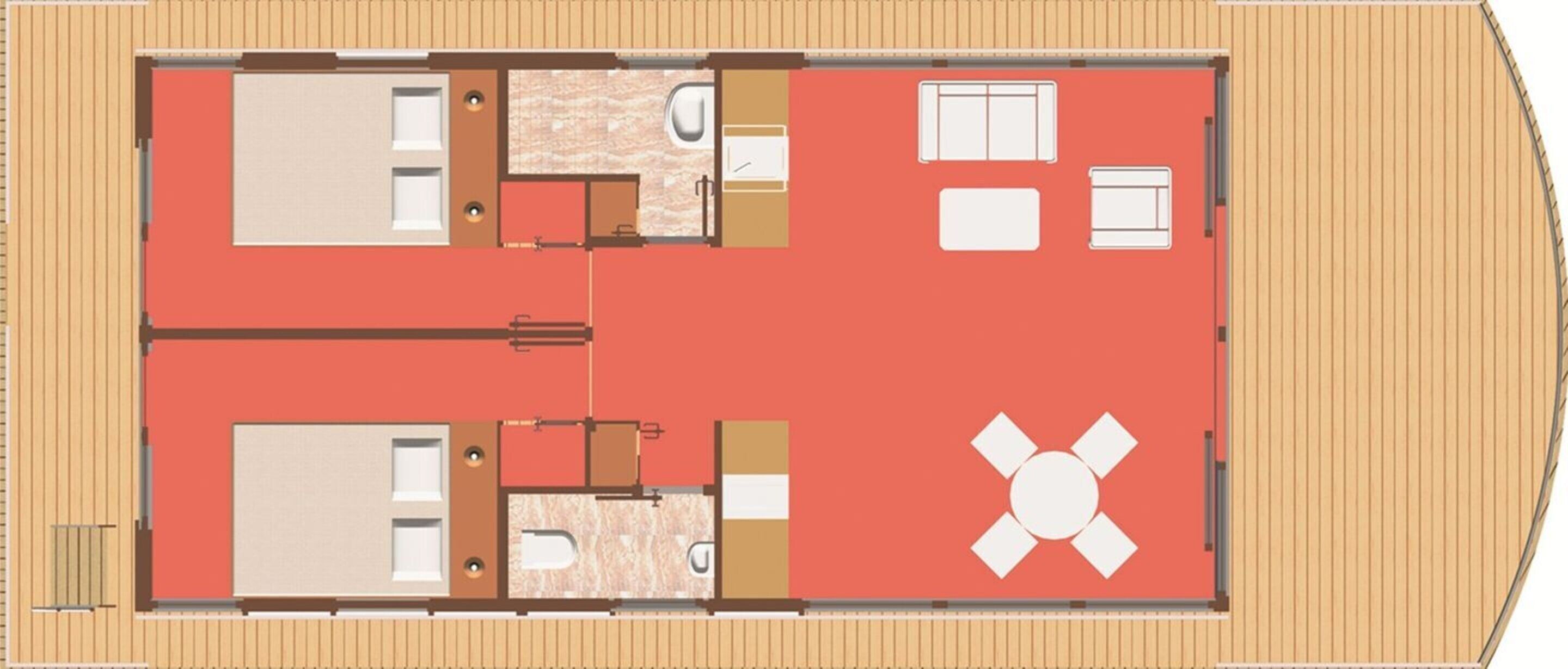A floor plan of a hotel room with a bathroom, a kitchenette, and a seating area.