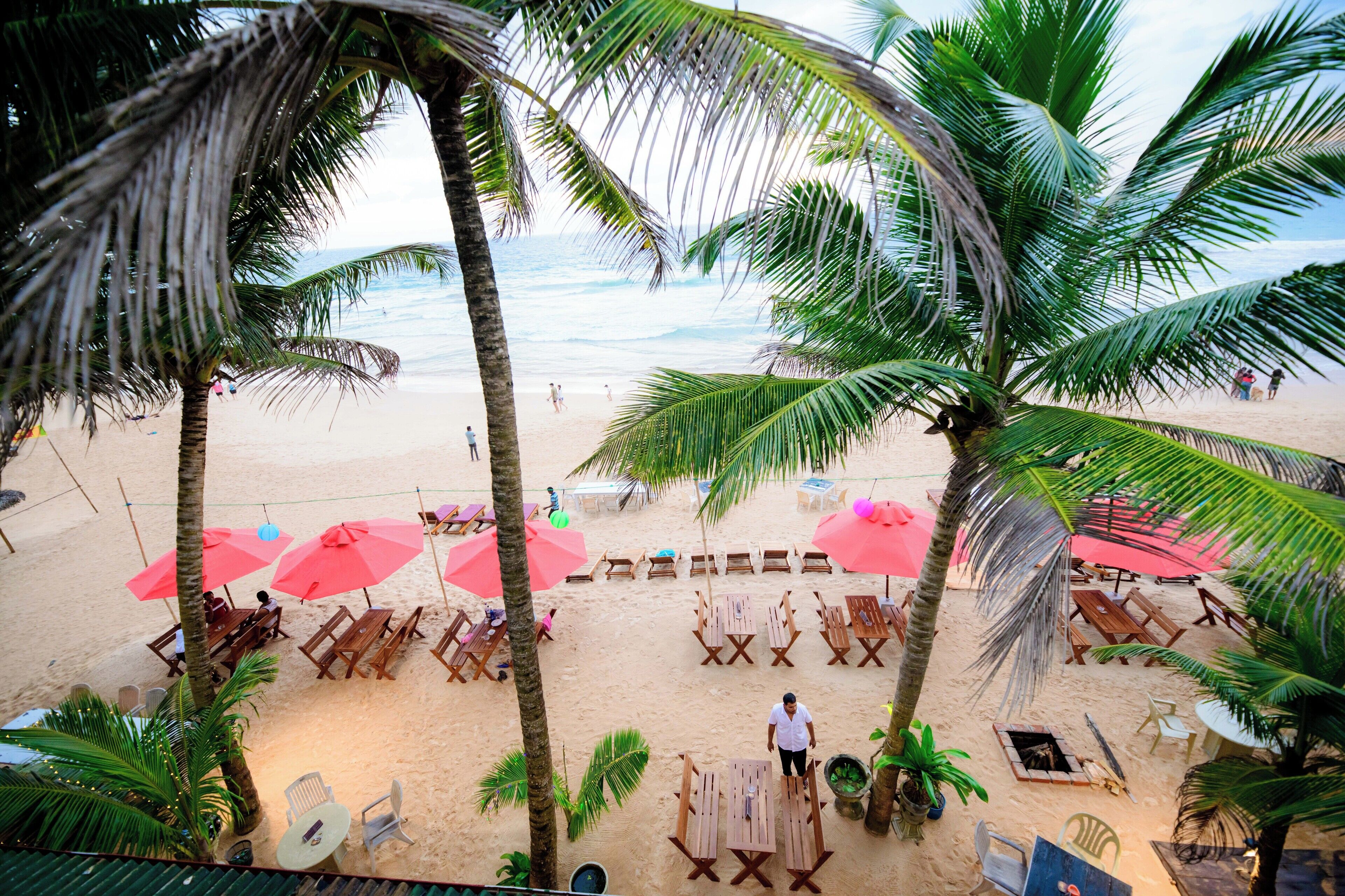 A beach with palm trees, wooden lounge chairs, and tables under red umbrellas.