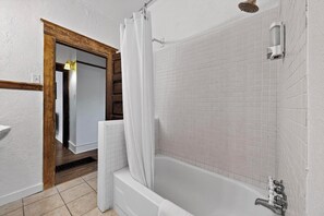 Hair dryer, towels, soap, shampoo