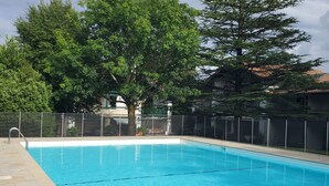 Ein rechteckiger Swimmingpool mit klarem, blauem Wasser, umgeben von einer Steindeckfläche.