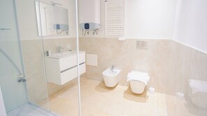 Shower, hair dryer, bidet, towels