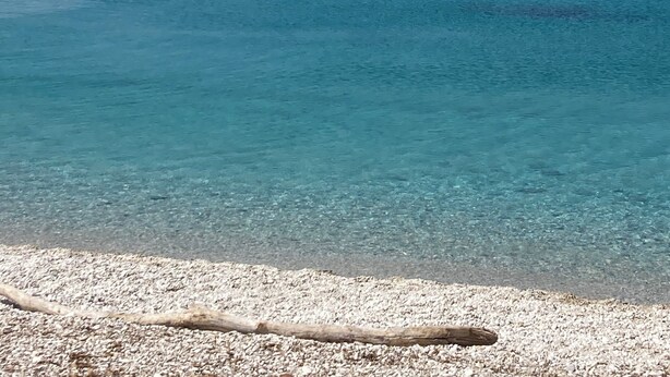 A clear view of a beach with pebbly shore and calm sea.