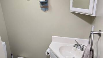 Een badkamer met toilet, wastafel en een wastafelmeubel. Er zijn twee handdoekrekken aan de muur en een spiegel boven de wastafel.