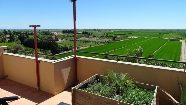 A balcony with a view of green fields and a clear sky.