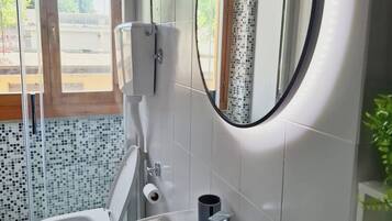 Shower, hair dryer, bidet, towels