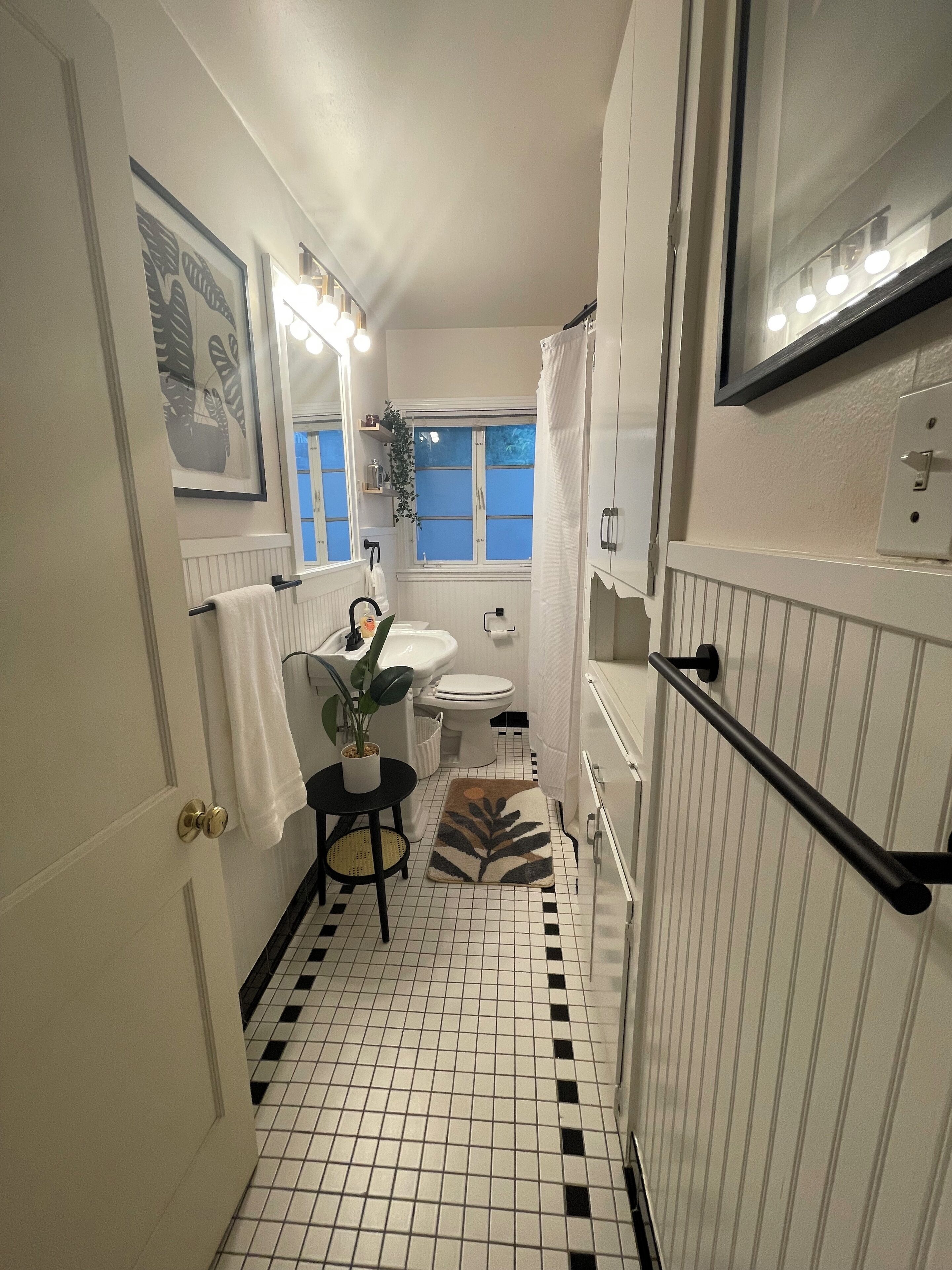 Hair dryer, towels, soap, toilet paper