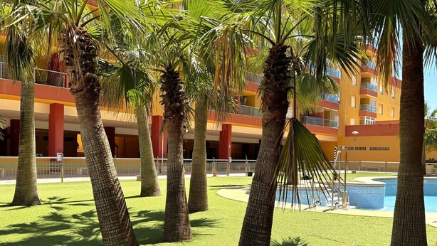 A hotel courtyard with palm trees, a swimming pool, and a building with balconies. - Premium Apartment in Roquetas de Mar (Roquetas de Mar)