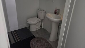 A small, clean bathroom with a toilet, sink, and a mirror. - A Gorgeous 1bedroom Walkout Basement in a Serene Environment (Halifax)