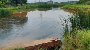 A river with a concrete bridge, surrounded by greenery and power lines. - Charming 3-bedroom bungalow with AC, fitness room in wonderful Gwalior (GWALIOR)