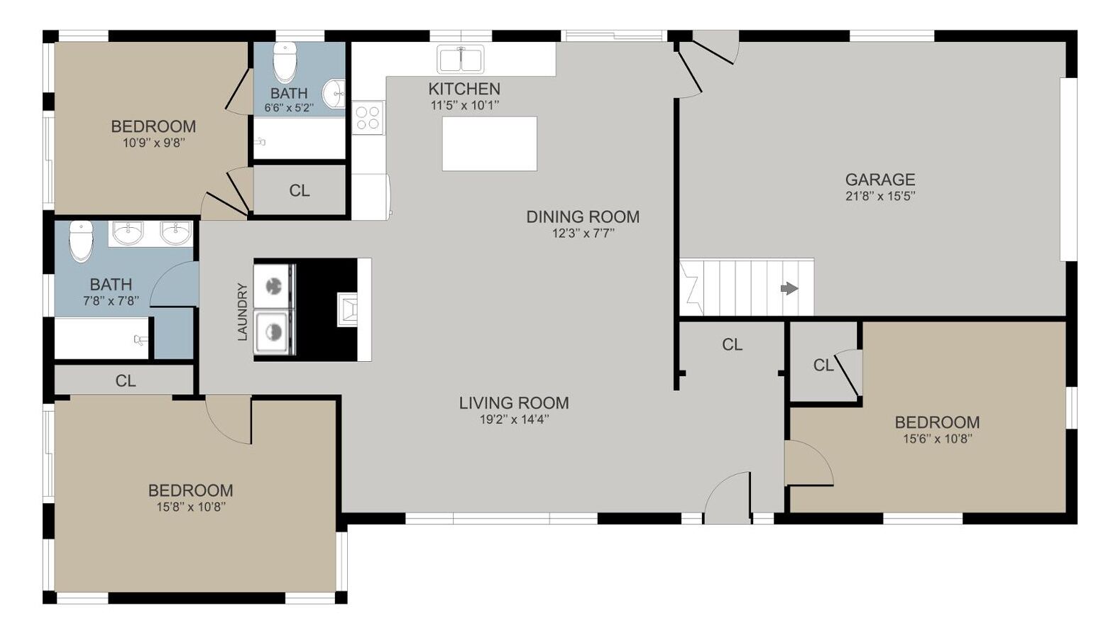 Plano de planta de una casa con dos dormitorios, cocina, comedor, sala de estar, baño, lavadero y garaje.