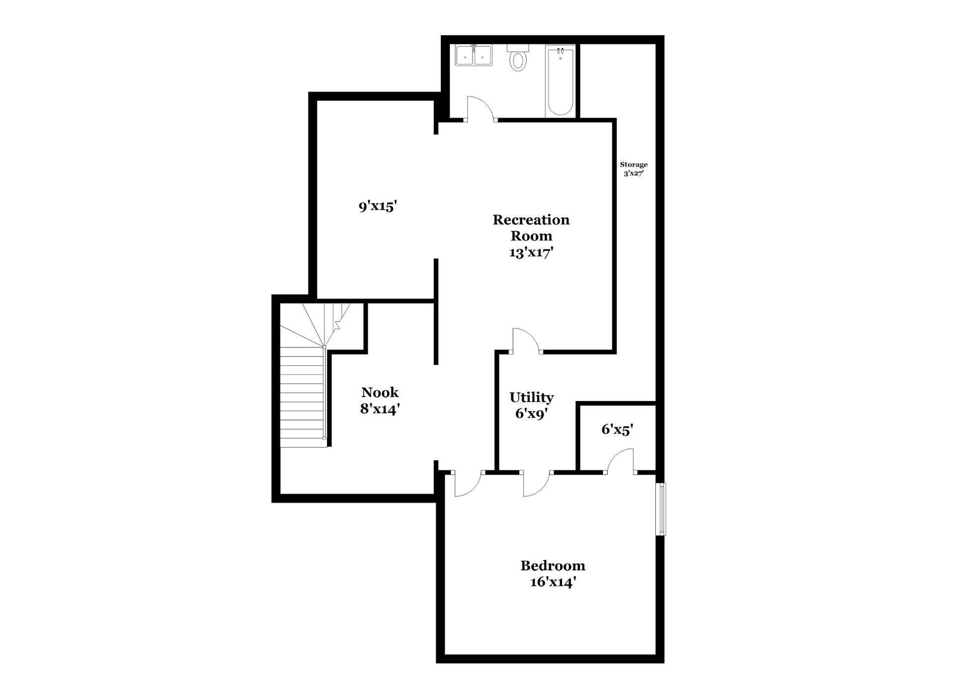 A floor plan of a house with a Recreation Room (13'x17'), Bedroom (16'x14'), Utility room (6'x9'), Storage (3'x27'), and a Nook (8'x14').