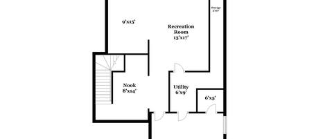 A floor plan of a house with a Recreation Room (13'x17'), Bedroom (16'x14'), Utility room (6'x9'), Storage (3'x27'), and a Nook (8'x14').