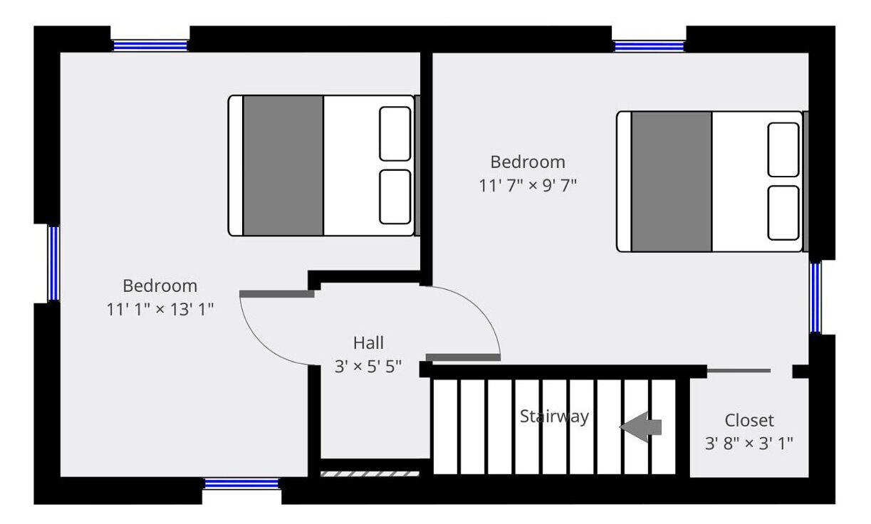 A floor plan of a hotel room layout including two bedrooms, a hall, a stairway, and a closet.